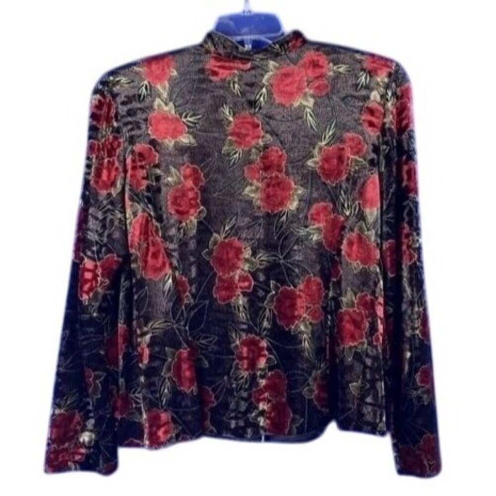R&K Evenings Red & Black Rose Floral Lightweight Button Up Jacket size 10 Petite - Picture 2 of 4